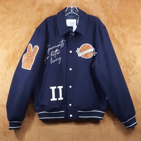 LES DEUX Varsity Jacket Mens XS Navy Snap Button Wool Basketball Sneakers $439 - Picture 1 of 11